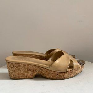Jimmy Choo Tan Patent Leather Cork Wedge Sandals Size 6.5